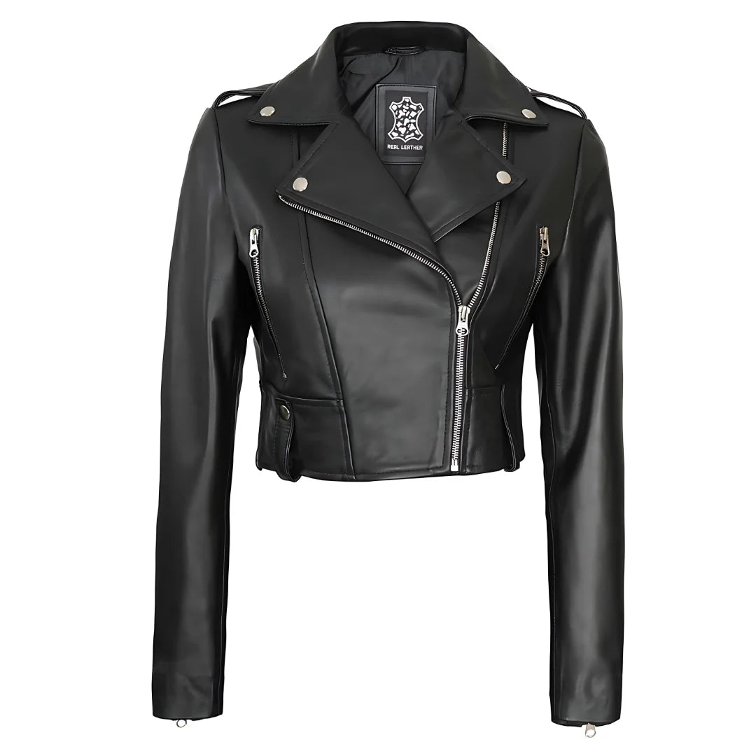 Cropped Biker Black Leather Jacket for Women