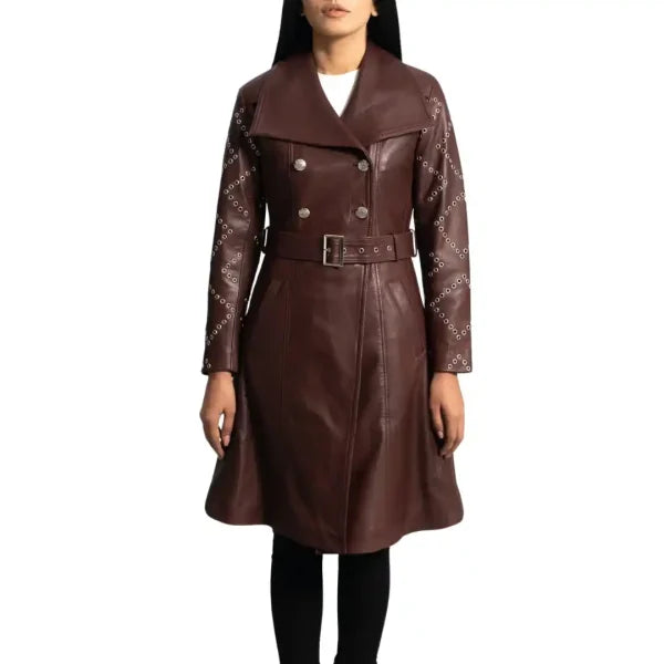 Maroon Trench Leather Coat