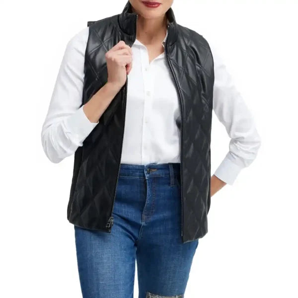 Womens Black Quilted Leather Vest