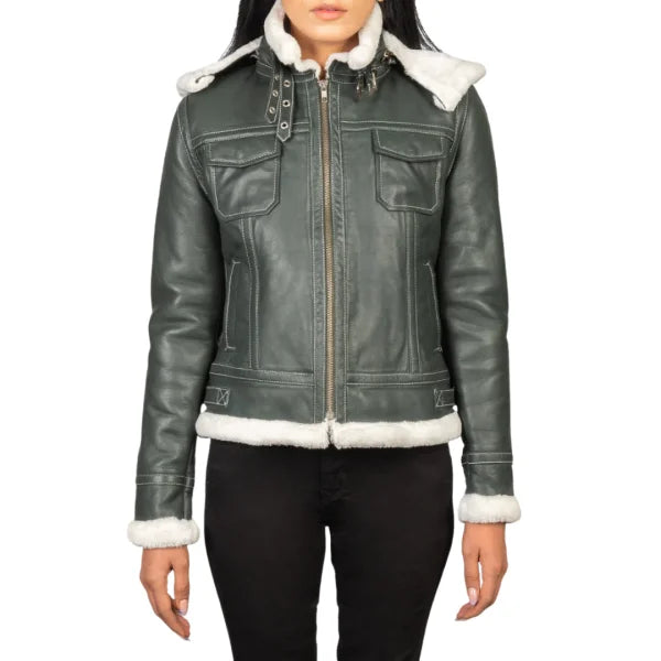 Green Hooded Shearling Leather Jacket