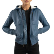Blue Hooded Bomber Leather Jacket