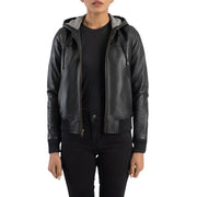Black Hooded Bomber Leather Jacket