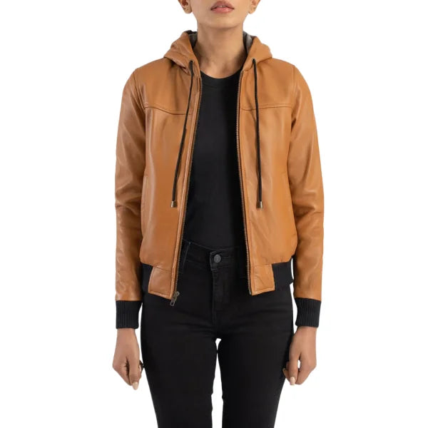 Brown Hooded Bomber Leather Jacket
