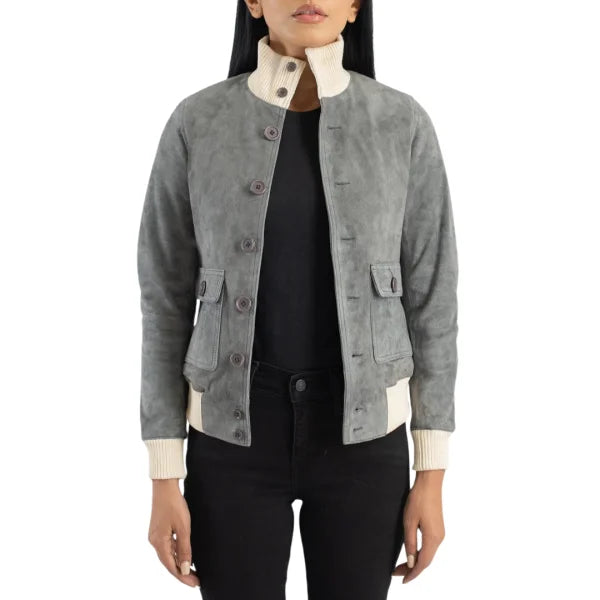 Grey Suede Bomber Jacket