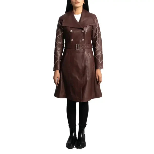 Maroon Trench Leather Coat