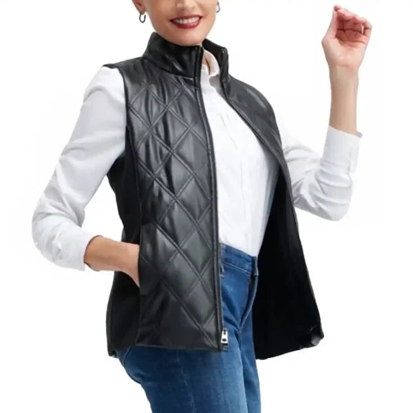 Womens Black Quilted Leather Vest