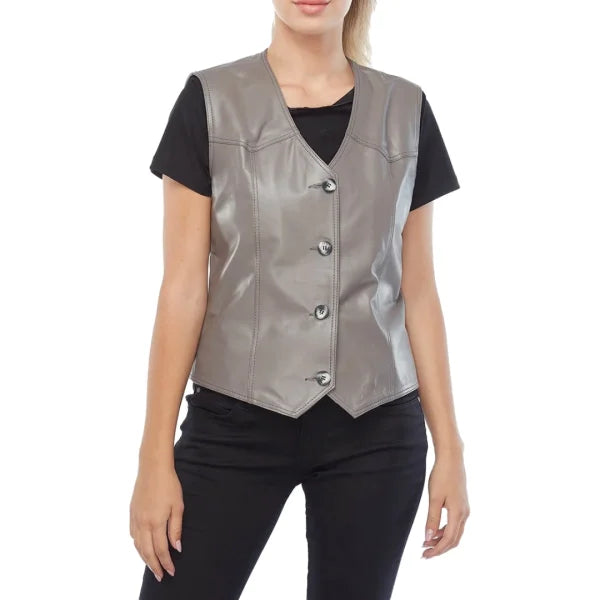 Womens V Neck Gray Leather Vest