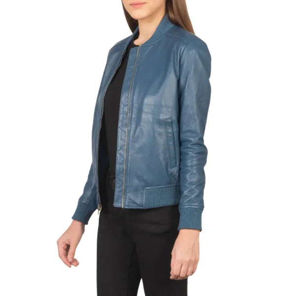 Blue Leather Bomber Jacket