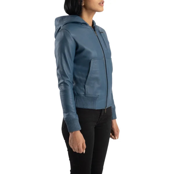 Blue Hooded Bomber Leather Jacket