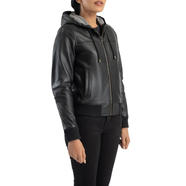 Black Hooded Bomber Leather Jacket