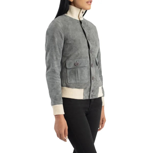 Grey Suede Bomber Jacket