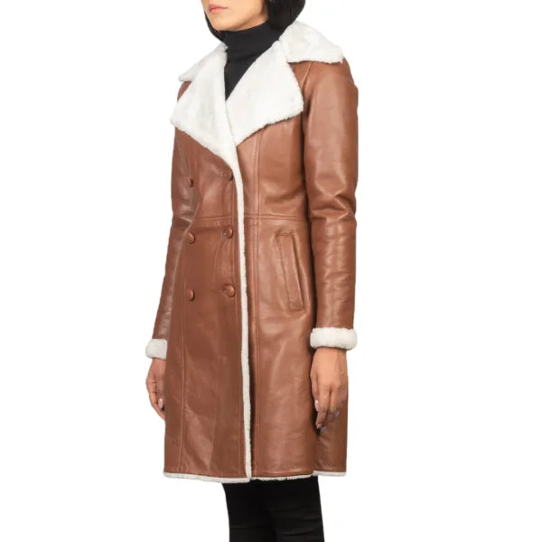 Brown Double Breasted Shearling Leather Coat