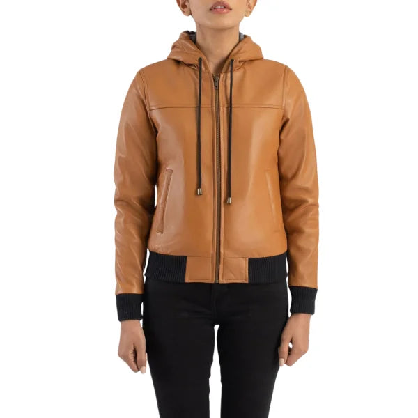 Brown Hooded Bomber Leather Jacket