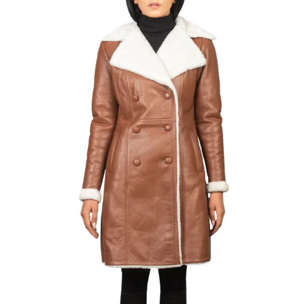 Brown Double Breasted Shearling Leather Coat