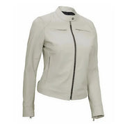 Women White Cafe Racer Leather Jacket