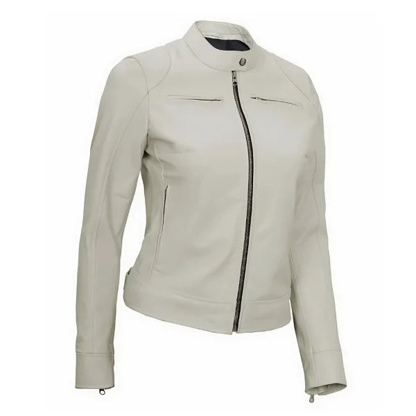 Women White Cafe Racer Leather Jacket