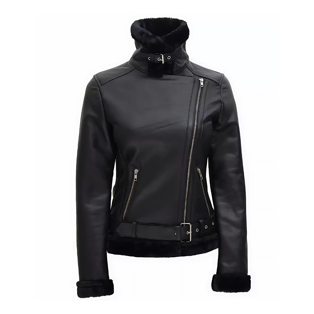 Womens Leather Sherling Black Coat