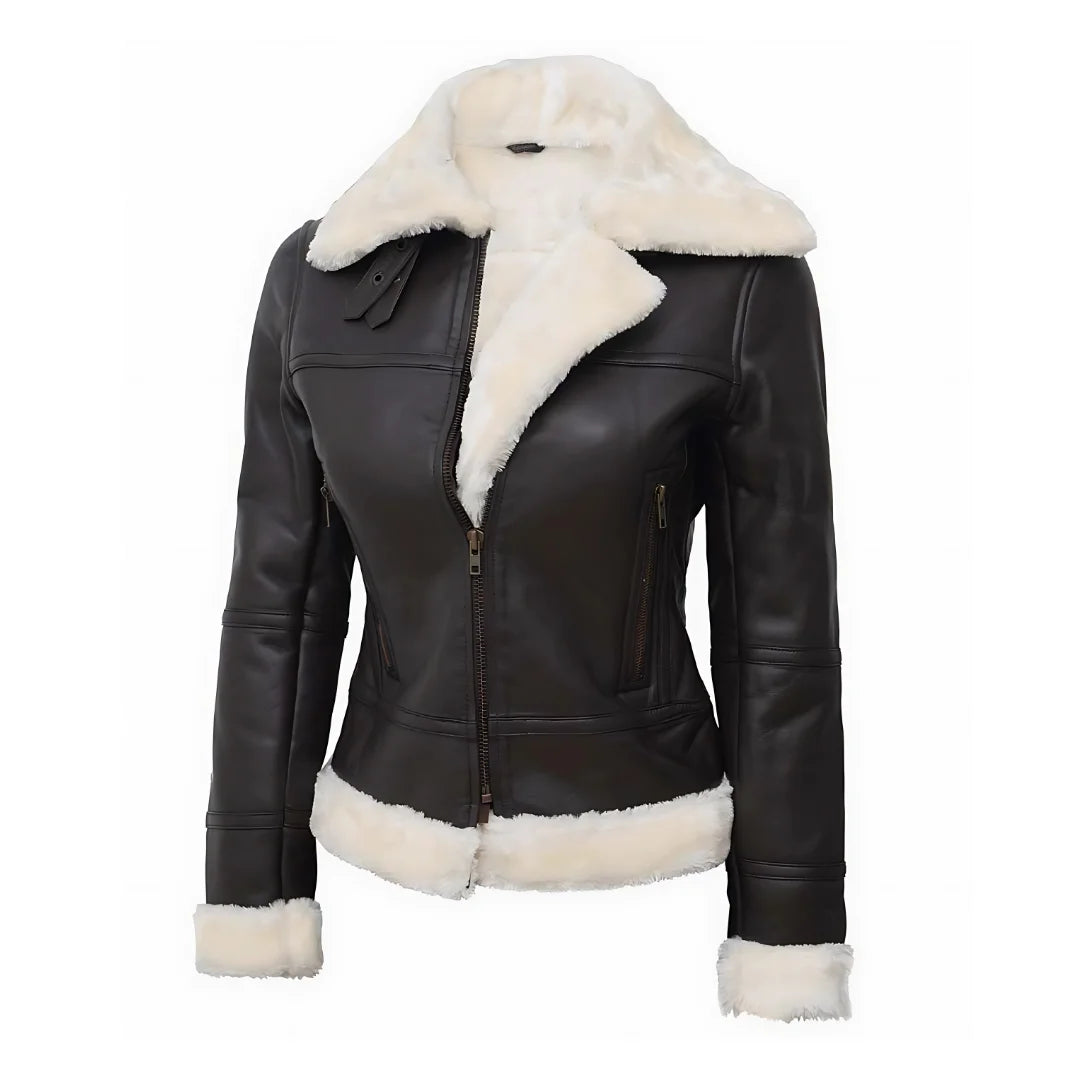 Womens Dark Brown Bomber Shearling Jacket