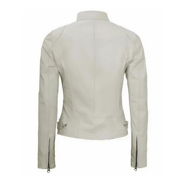 Women White Cafe Racer Leather Jacket