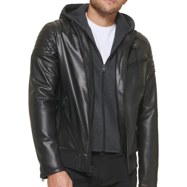 Faux Leather Hooded Moto Jacket