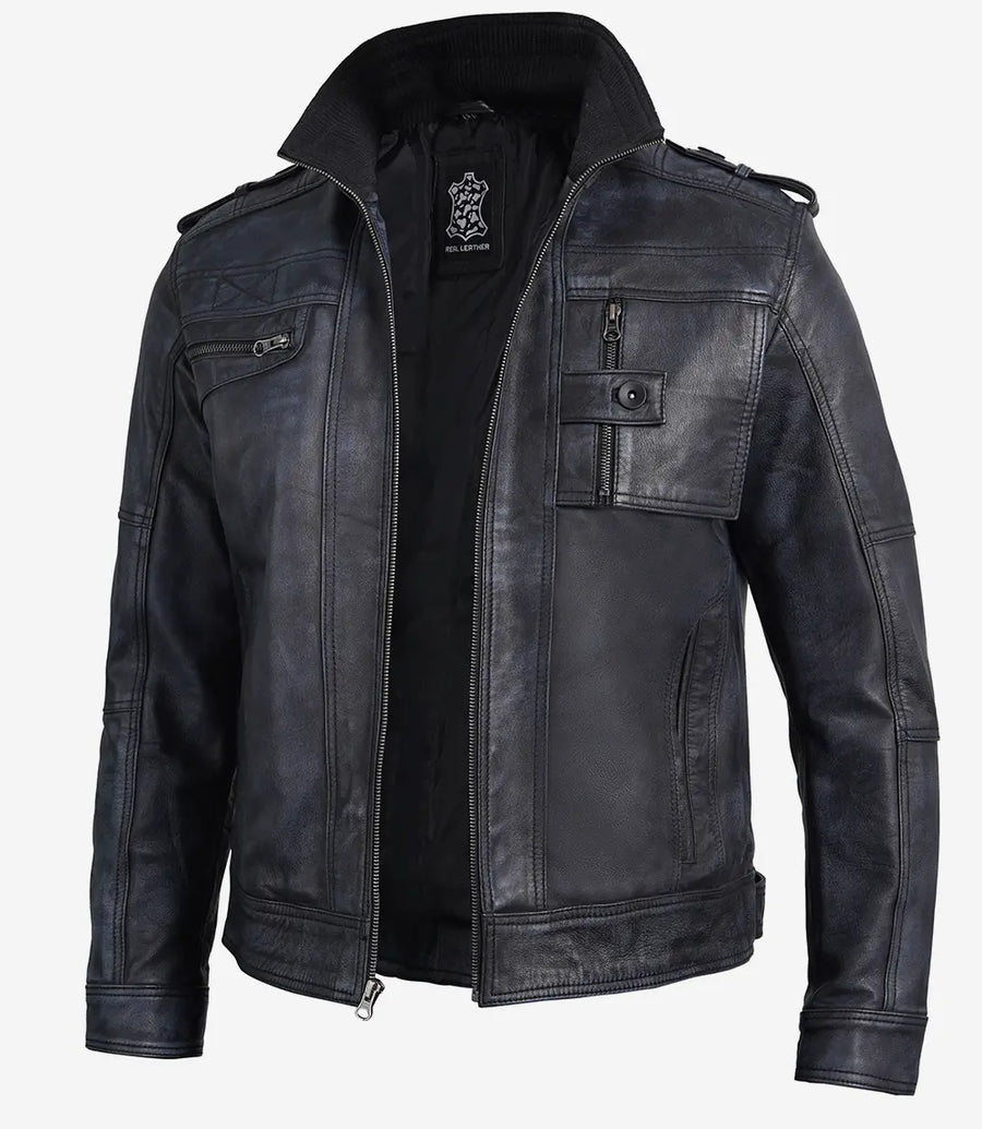 Black Distressed Mens Leather Jacket