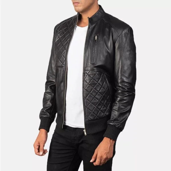 Handmade Black Quilted Bomber Leather Jacket