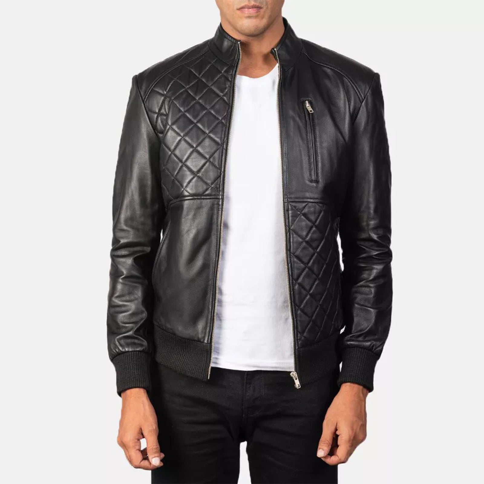 Handmade Black Quilted Bomber Leather
