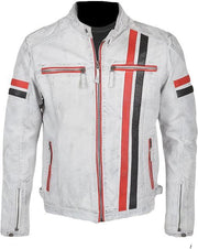 Men's White Leather Racing Jacket With Red & Black Stripes - Biker Style
