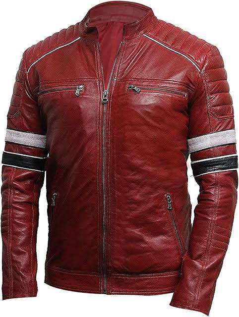 Men's Red Leather Biker Jacket with Quilted Shoulders &amp; Striped Sleeves
