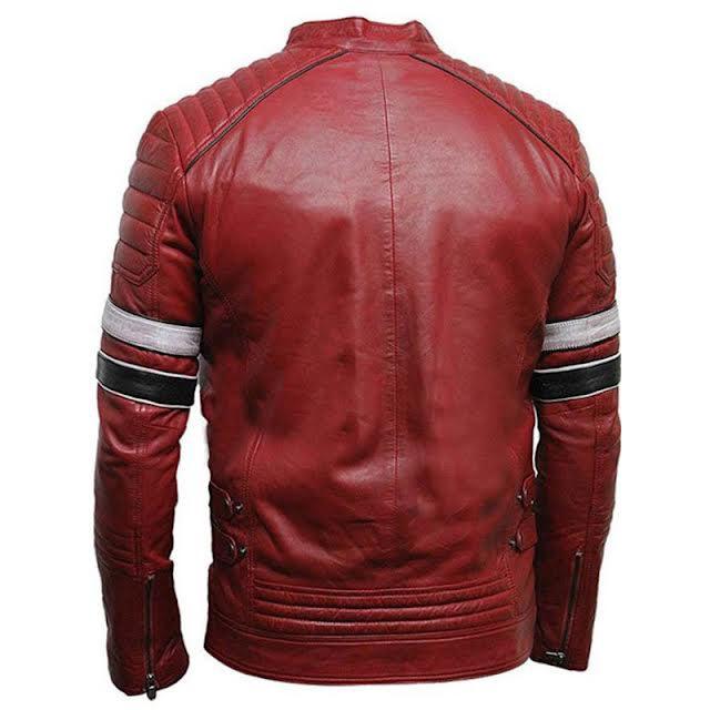 Men's Red Leather Biker Jacket with Quilted Shoulders &amp; Striped Sleeves