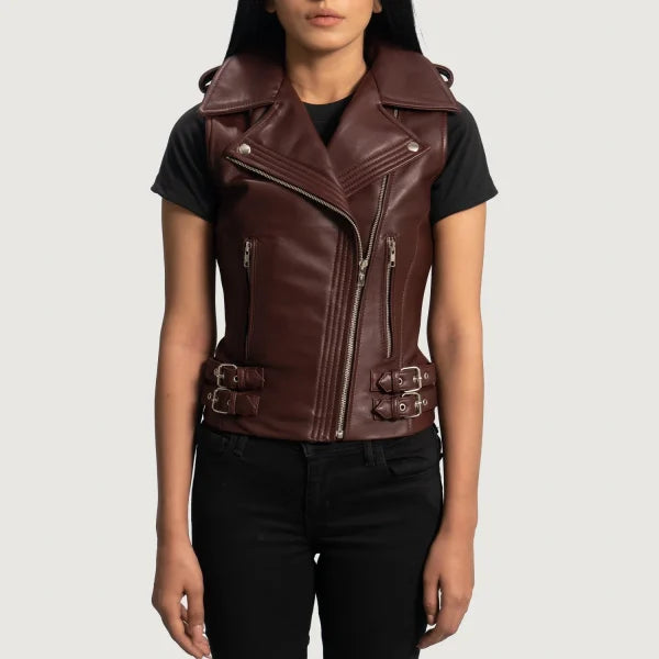 Rhonda Maroon Leather Biker Vest For Women
