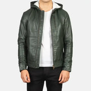 Baston Green Hooded Leather Bomber Jacket