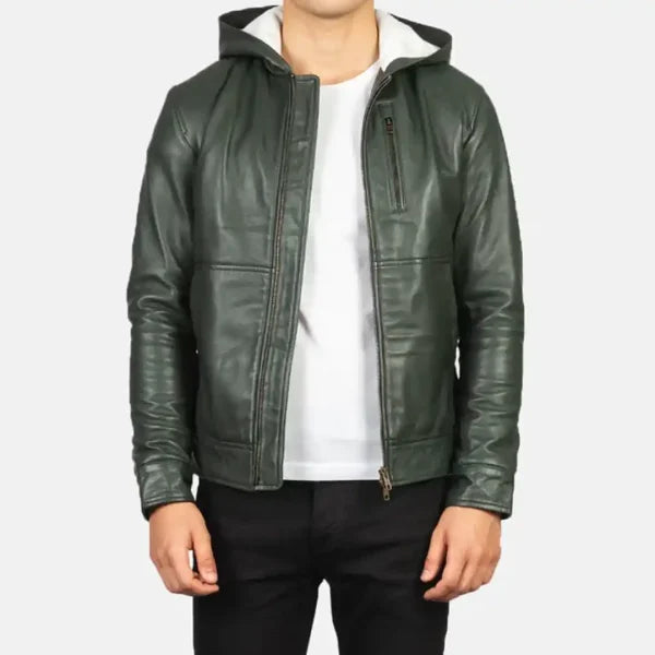 Baston Green Hooded Leather Bomber Jacket