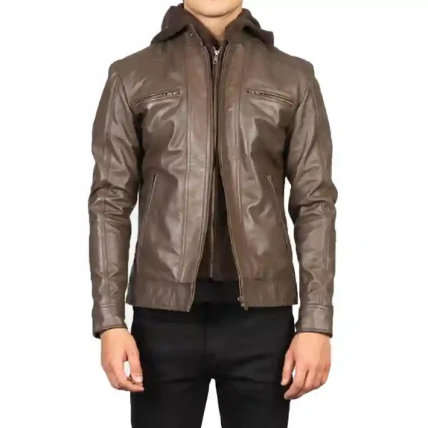 Hector Brown Hooded Leather Biker Jacket