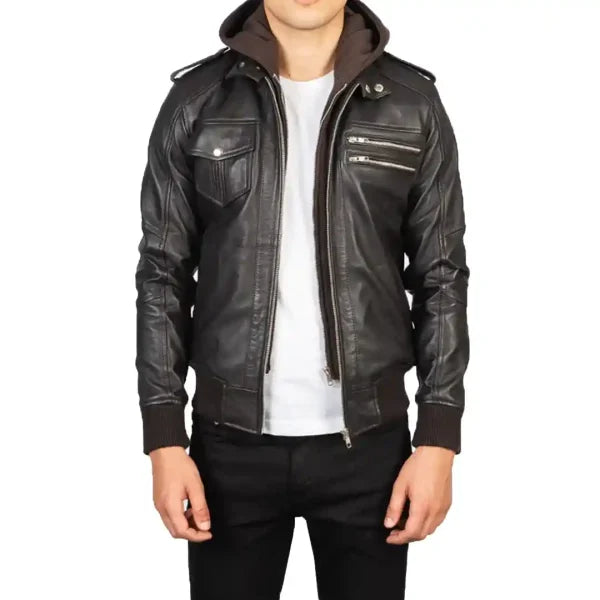 Brown Hooded Leather Bomber Jacket