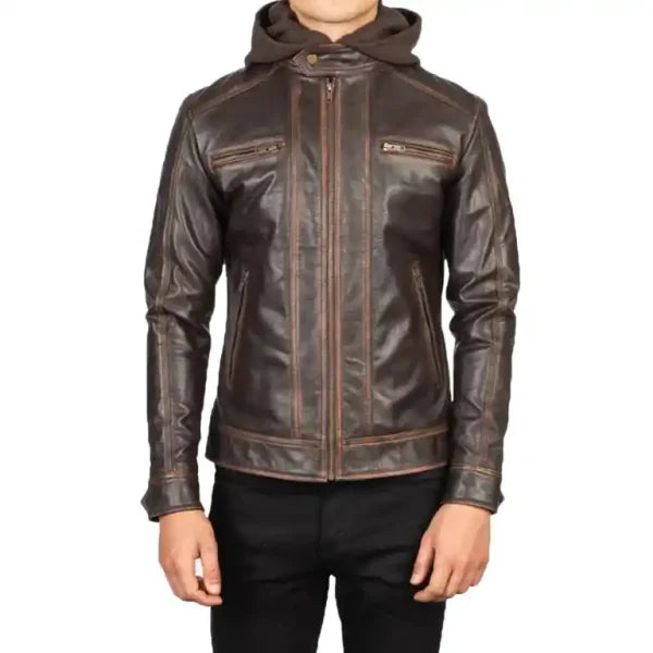 Vintage Brown Hooded Leather Biker Jacket