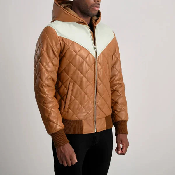 Norman Tan Hooded Bomber Leather Puffer Jacket