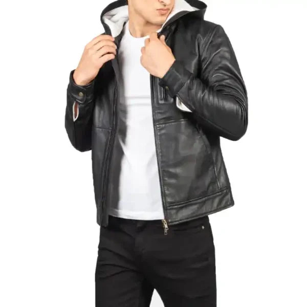 Baston Black Hooded Leather Bomber Jacket
