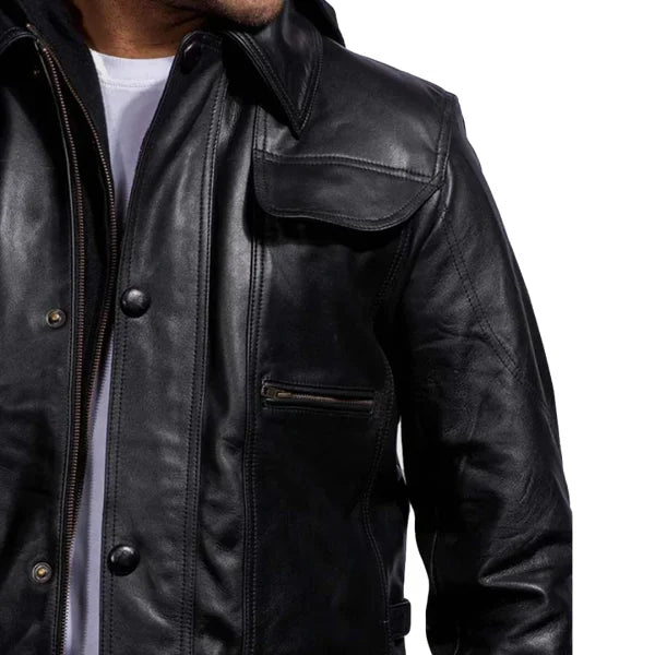 Moulder Hooded Black Leather Jacket