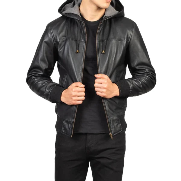 Nintenzo Black Hooded Leather Bomber Jacket