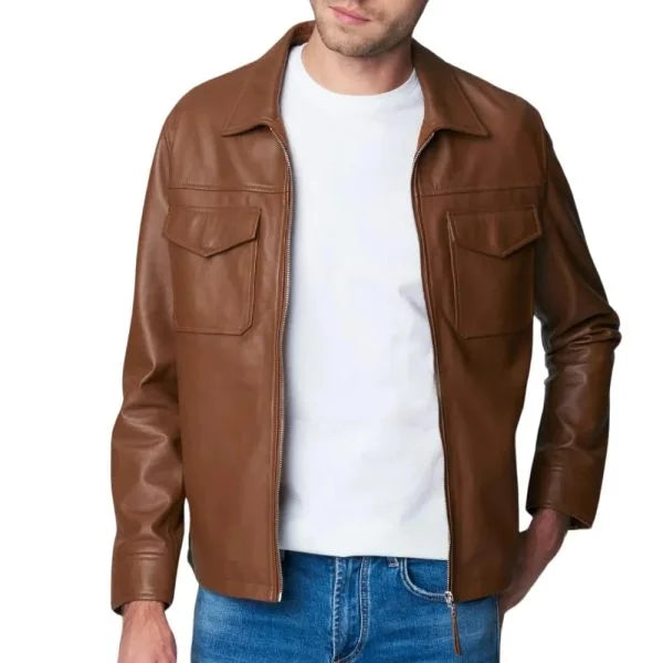 Brown Shirt Collar Leather Jacket