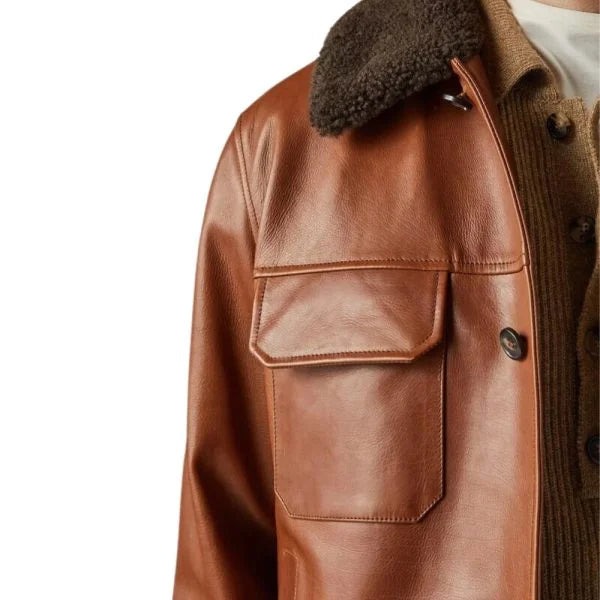 Brown Shearling Collar Leather Jacket