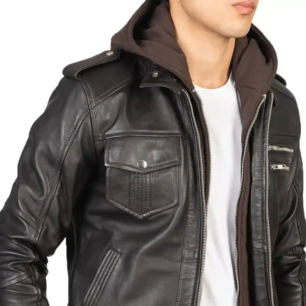 Brown Hooded Leather Bomber Jacket