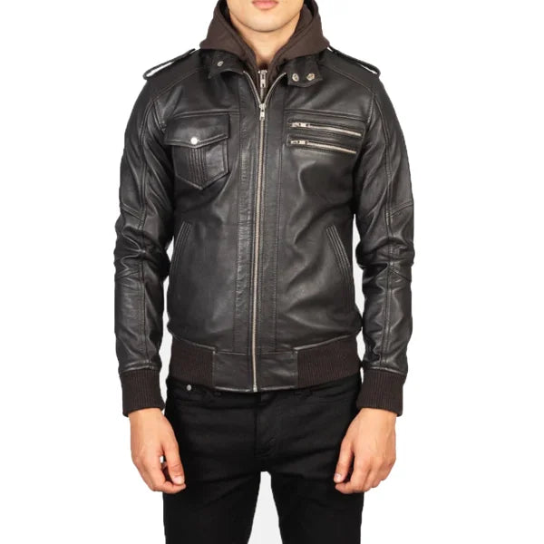 Bravado Brown Hooded Leather Bomber Jacket