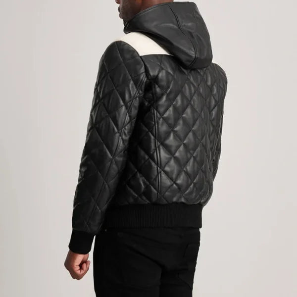 Norman Black Hooded Bomber Leather Puffer Jacket