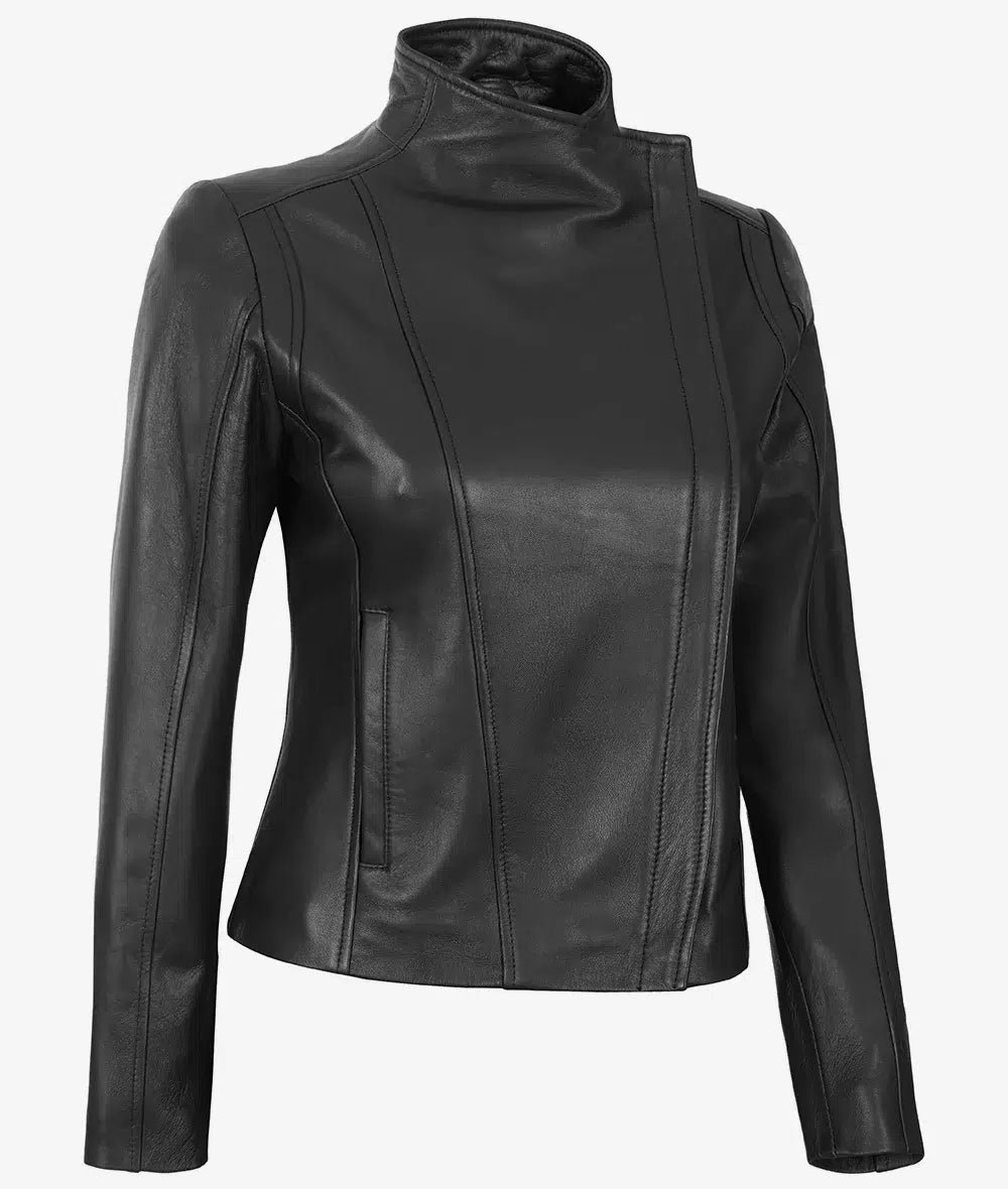 Women Black Asymmetrical Leather Jacket
